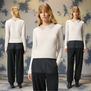 Pinko Women’s Ventotene Maglia Wool Blend Sweater With Rhinestone Collar Size S